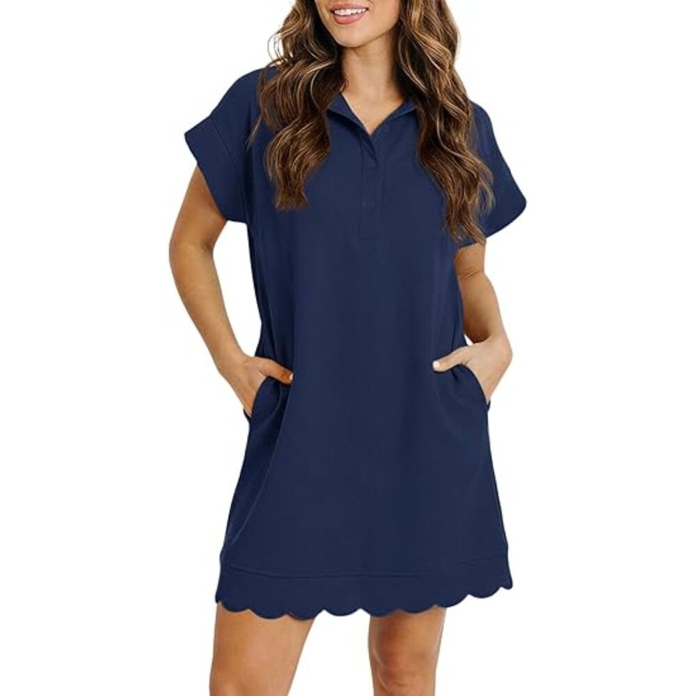 Women's Navy Blend Collared  V Neck Short Sleeve A Line Casual Mini Dress